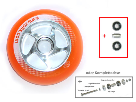 PU Rad  100 x 24 mm Alufelge - orange - inkl. Achse - Rennoptimiert!